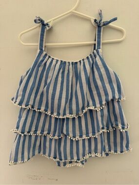 Boden Blue and White Striped Ruffle Tank for Kids